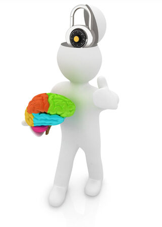 3d people - man with half head, brain and trumb up. The concept of protection with lockの写真素材