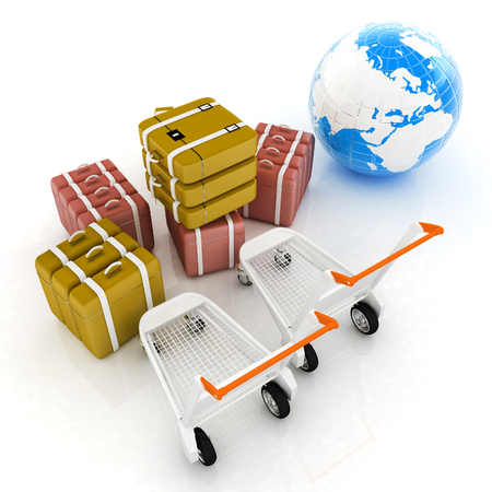 Trolley for luggage at the airport and earth. International tourism conceptの写真素材