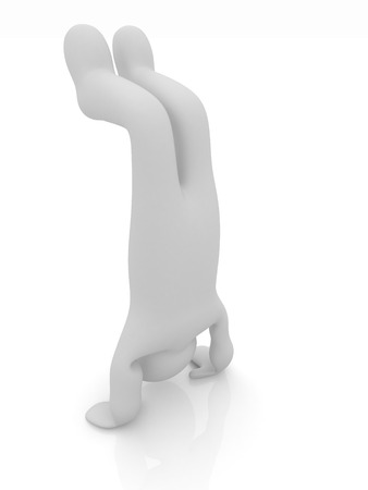 3d man isolated on white. Series: morning exercises - performs three-point head stand with hands on floorの写真素材