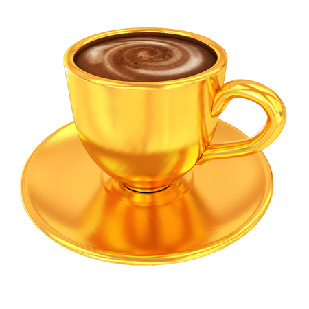 Gold coffee cup on saucer on a white background の写真素材