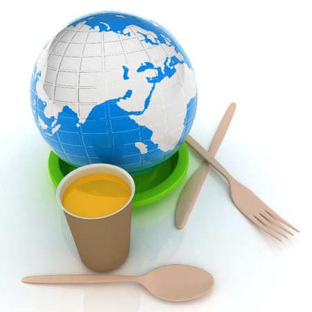 Orange juice in a fast food dishes and earthの写真素材