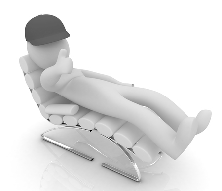 3d white man lying chair with thumb up on white background の写真素材