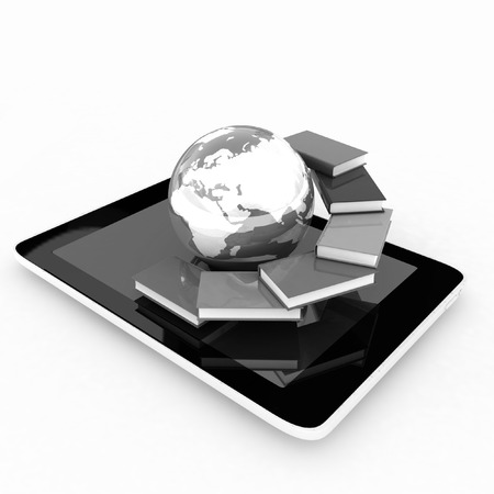 tablet pc and earth with colorful real books  on white backgroundの写真素材