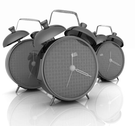 3d illustration of glossy alarm clocks against white background の写真素材