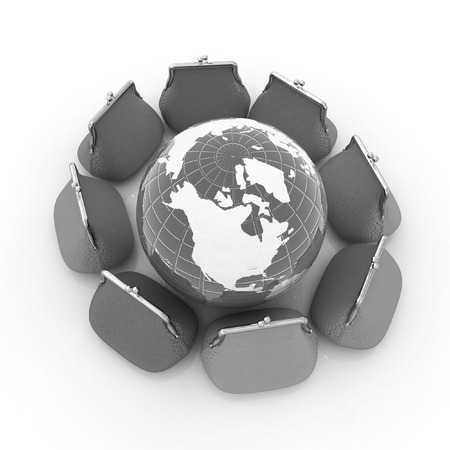 Earth and purses. On-line concept on a white backgroundの写真素材