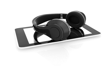 a creative cellphone with headphones isolated on white, portable audio concept の写真素材