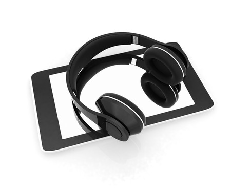 a creative cellphone with headphones isolated on white, portable audio concept の写真素材
