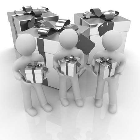 3d mans and gifts with red ribbon on a white background の写真素材