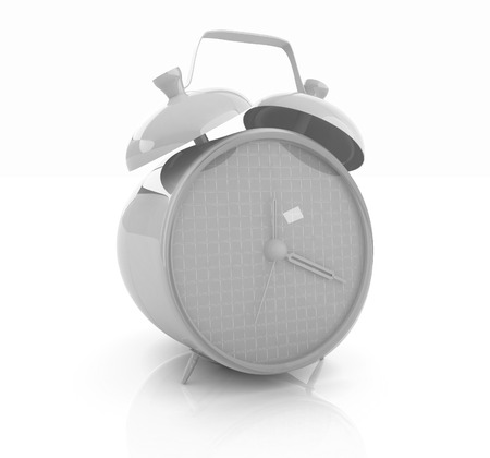 3d illustration of glossy purple alarm clock against white background の写真素材