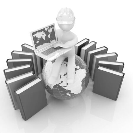 3d man in hard hat sitting on earth and working at his laptop and books around his on a white backgroundの写真素材