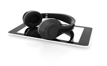 a creative cellphone with headphones isolated on white, portable audio concept の写真素材