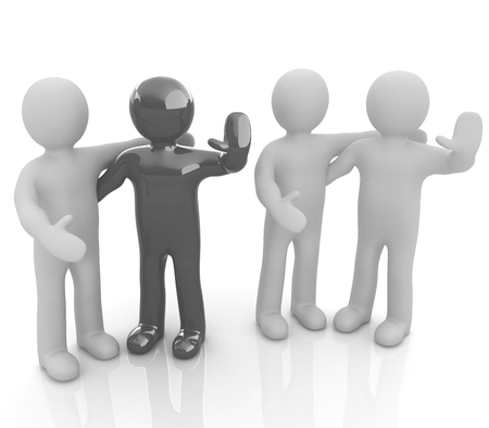 Friends standing next to an embrace and raised one's hand for greeting. 3d image. Isolated white background. の写真素材