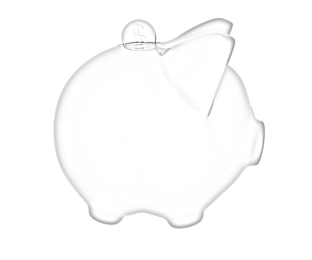 piggy bank and falling coins on white backgroundの写真素材