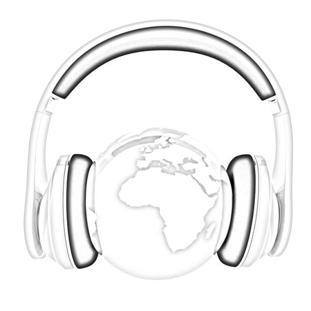 World music 3D render of planet Earth with headphones  on a white backgroundの写真素材