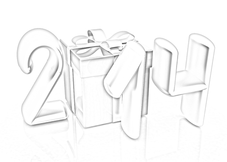 Abstract 3d illustration of text 2014 with present box on a white backgroundの写真素材