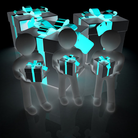 3d mans and gifts with red ribbon on a white backgroundの写真素材