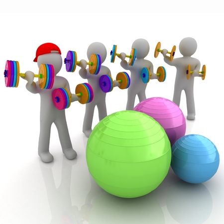 3d mans with fitness balls and dumbellsの写真素材