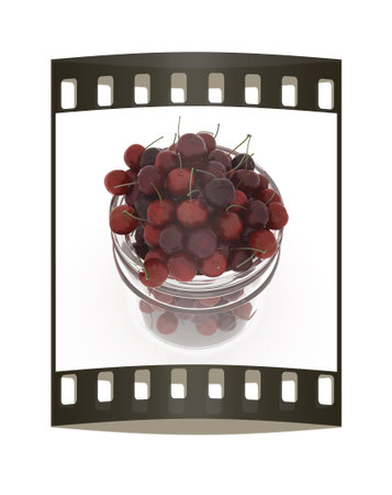 Bank of fresh cherries on a white background . The film strip