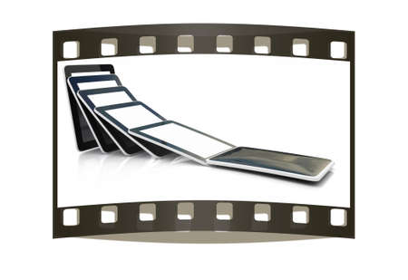 dynamics of the fall of the phone on a white background. The film stripの写真素材