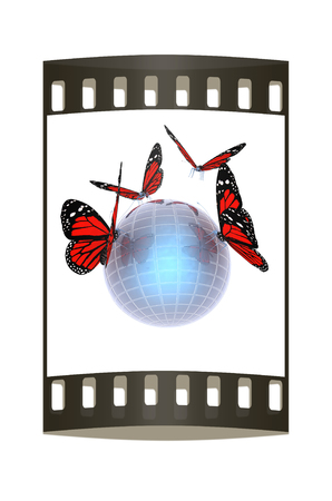 Red butterfly on abstract 3d sphere with blue mosaic design on a white background. The film stripの写真素材