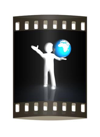 3d man holding a glowing earth. The film stripの写真素材