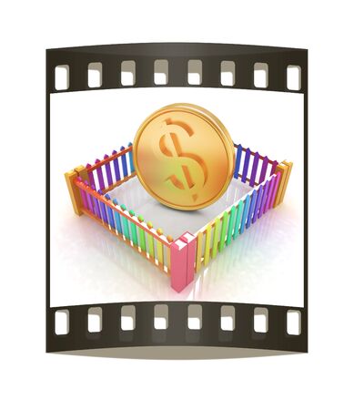 Dollar coin in closed colorfull fence concept illustration on a white background. The film stripの写真素材