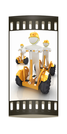 3d white persons riding on a personal and ecological transports.3d image. The film stripの写真素材