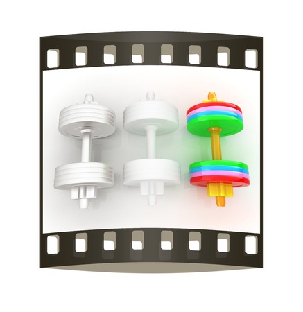 Colorfull dumbbells on a white background. The film stripの写真素材