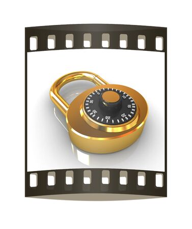 Illustration of security concept with gold locked combination pad lock on a white background. The film stripの写真素材