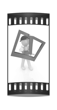 3d man in a red peaked cap with thumb up and a huge tick on a white background. The film stripの写真素材