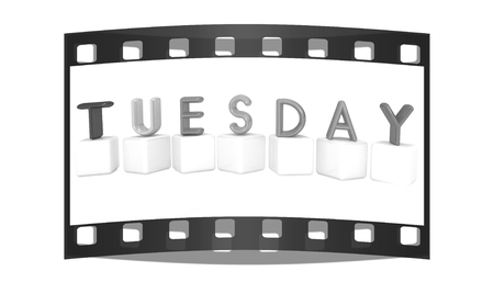 Colorful 3d letters "Tuesday" on white cubes on a white background. The film stripの写真素材