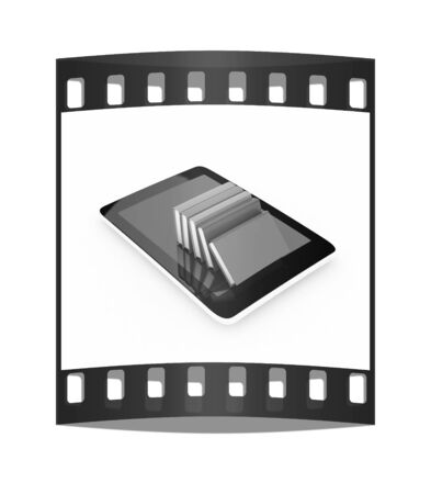 tablet pc and colorful real books on white background. The film stripの写真素材