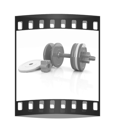 Colorful dumbbells are assembly and disassembly on a white background. The film stripの写真素材