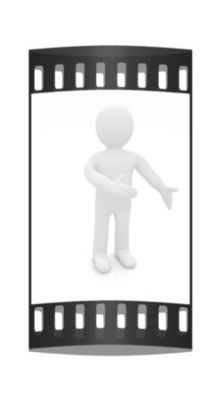 Happy 3d business man showing copy space, isolated on white. The film stripの写真素材