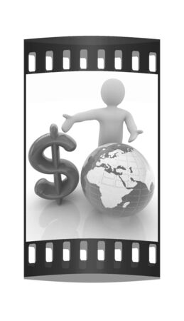 3d people - man, person presenting - dollar with global concept with Earth. The film stripの写真素材