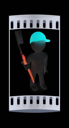 3d man with toothbrush on a black background. The film stripの写真素材