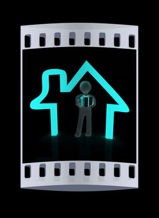 Presentation of new house. 3d man holds the gift, and is within the red icon house. The film stripの写真素材