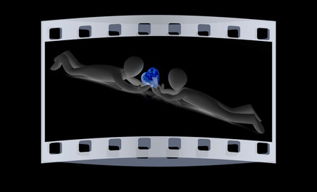 3D humans lying and holds heart. The film strip