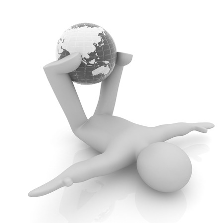 3d man exercising position on Earth - fitness ball. My biggest Global pilates seriesの写真素材