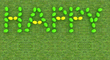 Easter eggs as a Happy Easter greeting on a green grass