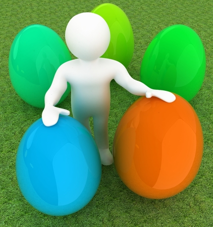 3d small person holds the big Easter egg in a hand. 3d image. On green grassの写真素材