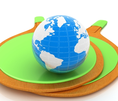 Rackets for playing table tennis and Earth. Global concept. 3D renderingの写真素材