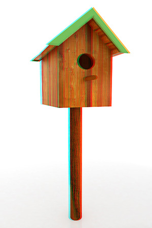 Nest box birdhouse on a white background. 3D illustration. Anaglyph. View with red/cyan glasses to see in 3D.の写真素材