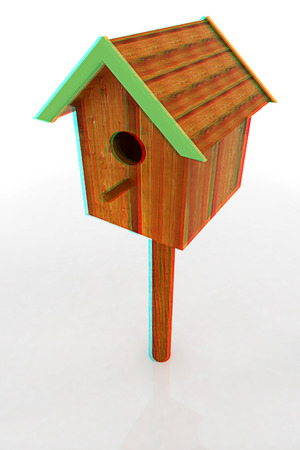 Nest box birdhouse on a white background. 3D illustration. Anaglyph. View with red/cyan glasses to see in 3D.の写真素材