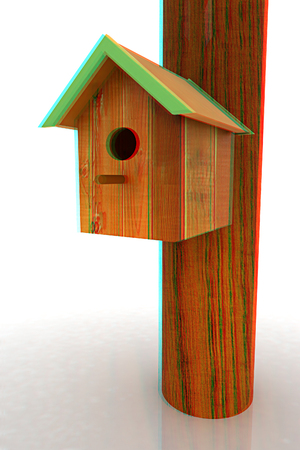 Nest box birdhouse on a white background. 3D illustration. Anaglyph. View with red/cyan glasses to see in 3D.の写真素材