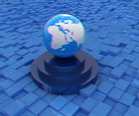 earth on podium against abstract urban background. 3D illustration. Anaglyph. View with red/cyan glasses to see in 3D.の写真素材