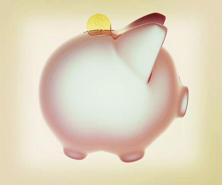 piggy bank and falling coins on white background. 3D illustration. Vintage style.の写真素材