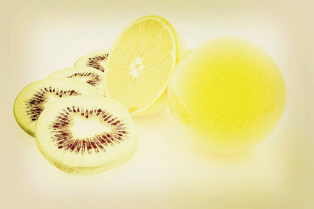 slices of kiwi, orange and half orange on a white . 3D illustration. Vintage style.の写真素材