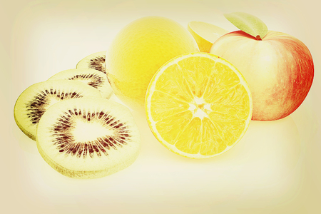 slices of kiwi, apple, orange and half orange on a white . 3D illustration. Vintage style.の写真素材