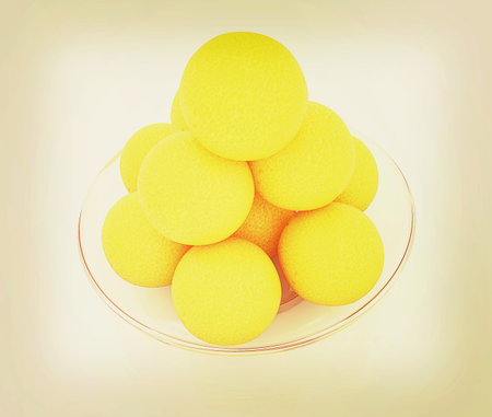Oranges on a glass plate on a white background. 3D illustration. Vintage style.
